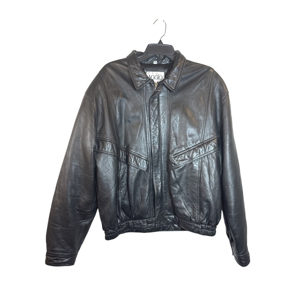 Vintage AGGIO Black Leather Bomber Jacket Mens Large Motorcycle Biker Streetwear